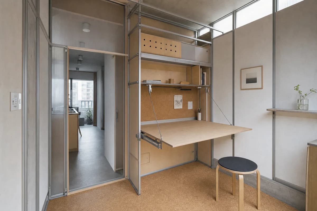 Suspended Archive Table, furniture shaping compact study with a folding worktable.