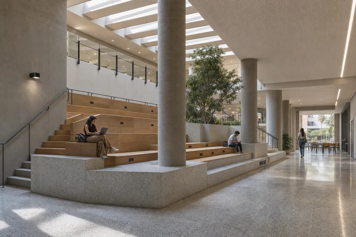 Terrazzo Conversation Plinth, furniture shaping university commons with stepped seating.