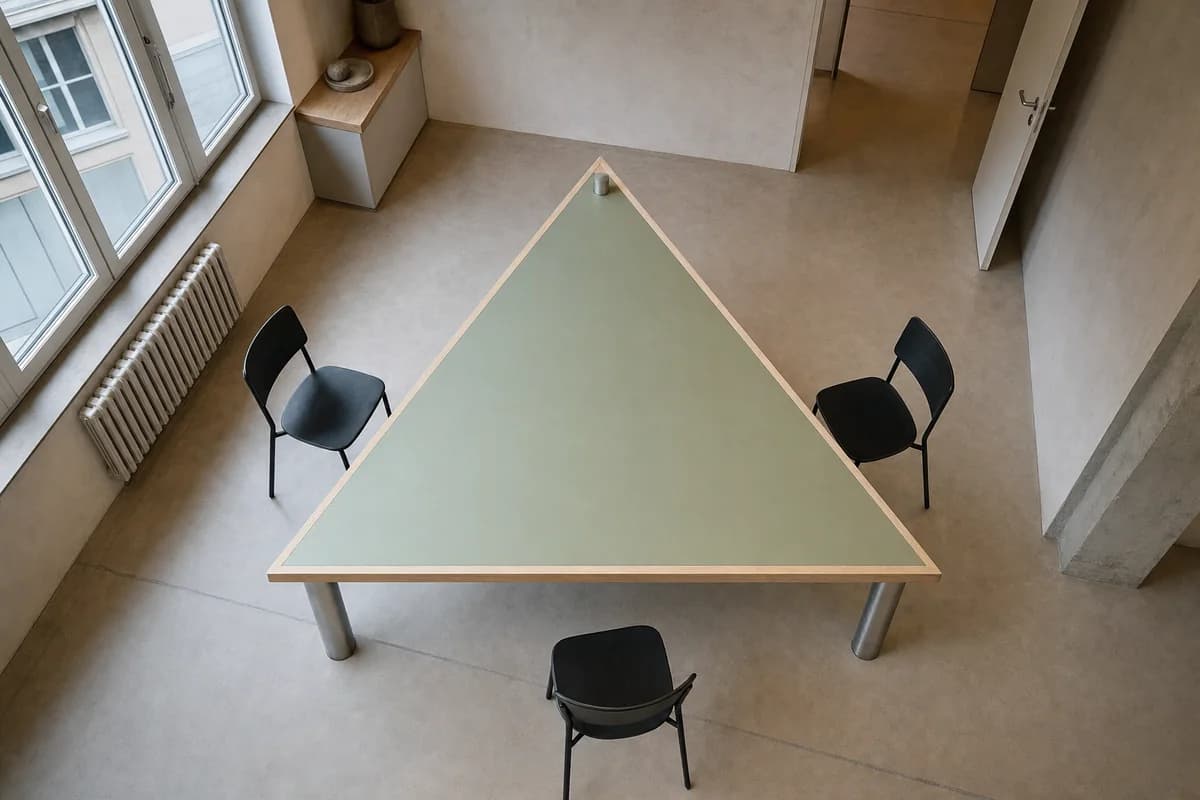 Triangular Meeting Table, furniture shaping studio meeting room organized around a true three-sided triangular table.