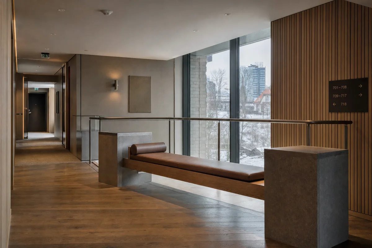 Upholstered Bridge Bench, furniture shaping hotel corridor lounge with a bridge bench.