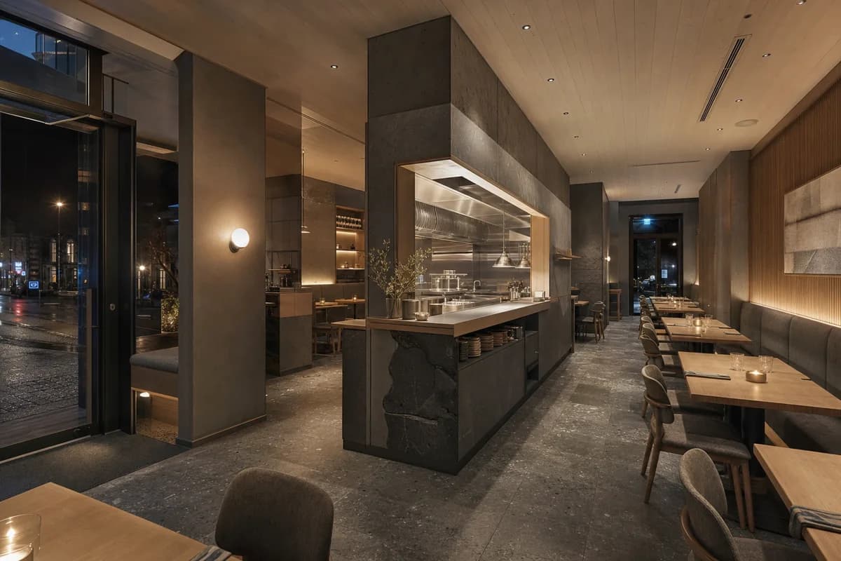 Basalt Supper Room, small night restaurant organized by a compact dining ring surrounding a protected service core.