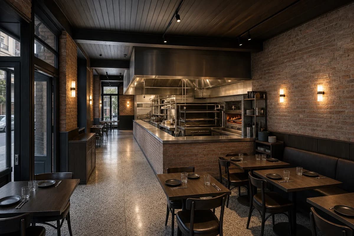 Brick Corner Grill Room, grill restaurant organized by an open cooking wall anchoring two restrained dining bays.