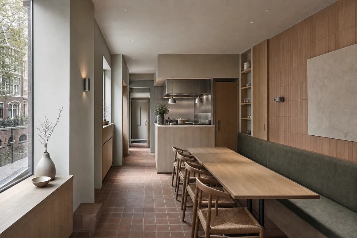 Canal Table Room, small dining room organized by a long table and side banquette preserving a narrow section.