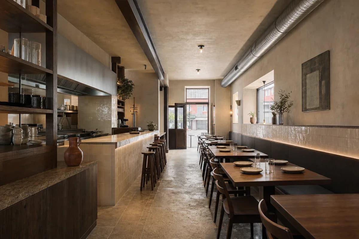 Ceramic-Ledge Dining Room, small-plate restaurant organized by a ceramic service ledge linking pass, bar, and window seating.