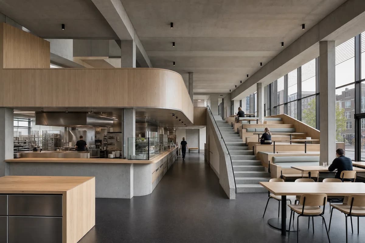 Civic Terrace Canteen, civic terrace canteen organized by stepped seating by an existing ramp, with the kitchen and return below the upper landing.