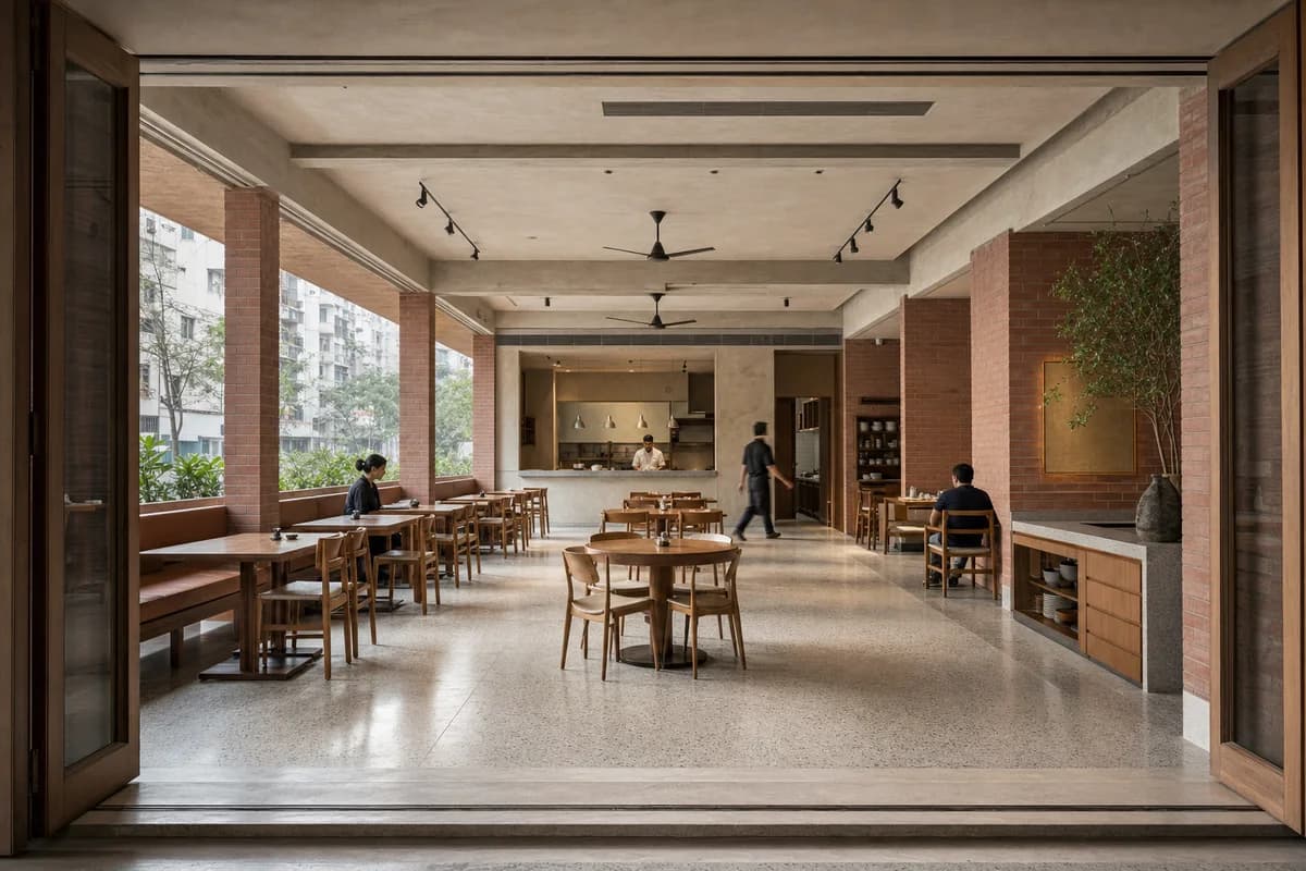 Clay-Screen Dining House, family restaurant organized by a ventilated perimeter wall creating a shaded dining edge.