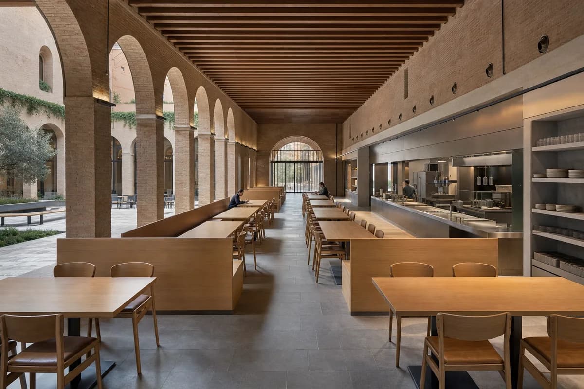Cloister Refectory, university dining room organized by long dining bands preserving the rhythm of a shaded cloister.