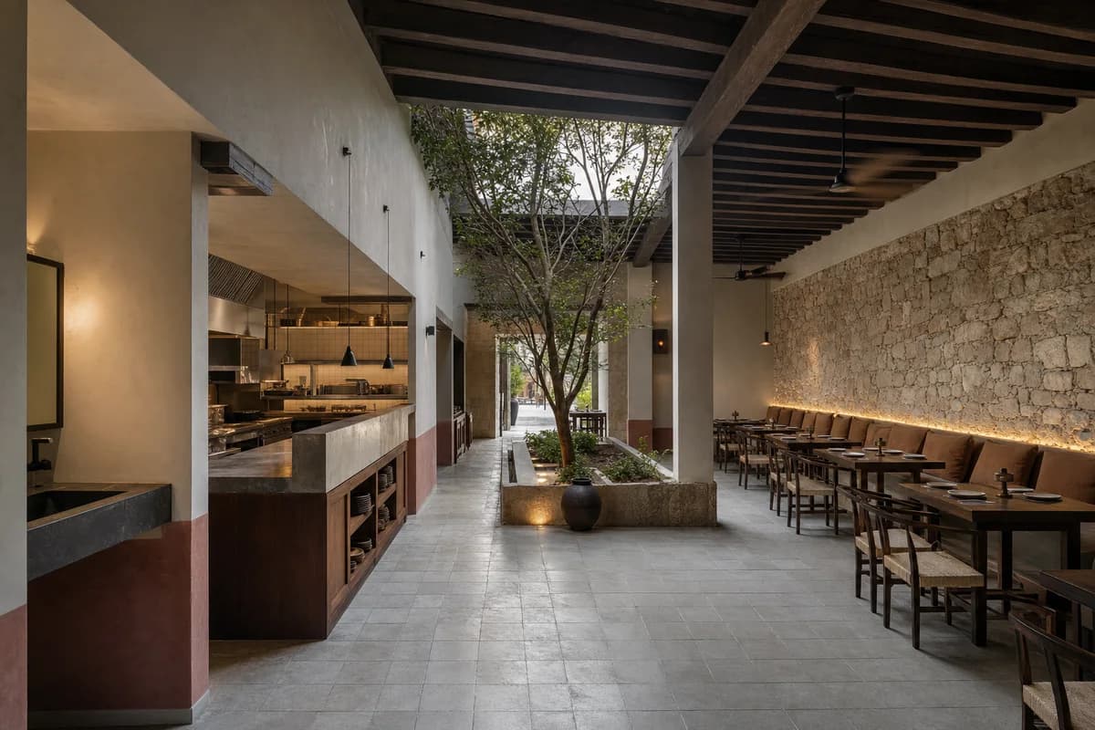 Cocoa Courtyard Kitchen, regional dining room organized by a roofed court connecting preparation, wash, and dining zones.