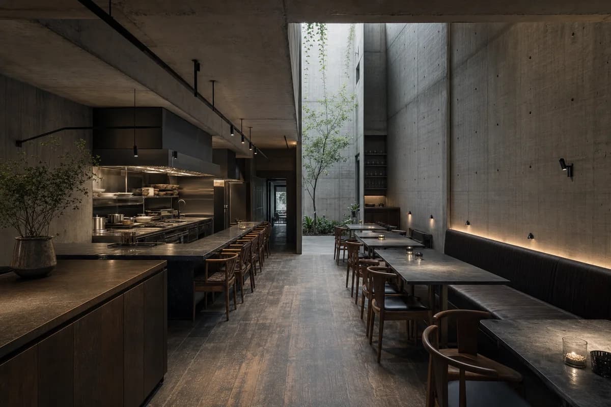 Concrete Courtyard Kitchen, chef-led dining room organized by a kitchen island and court occupying a tall concrete slot.