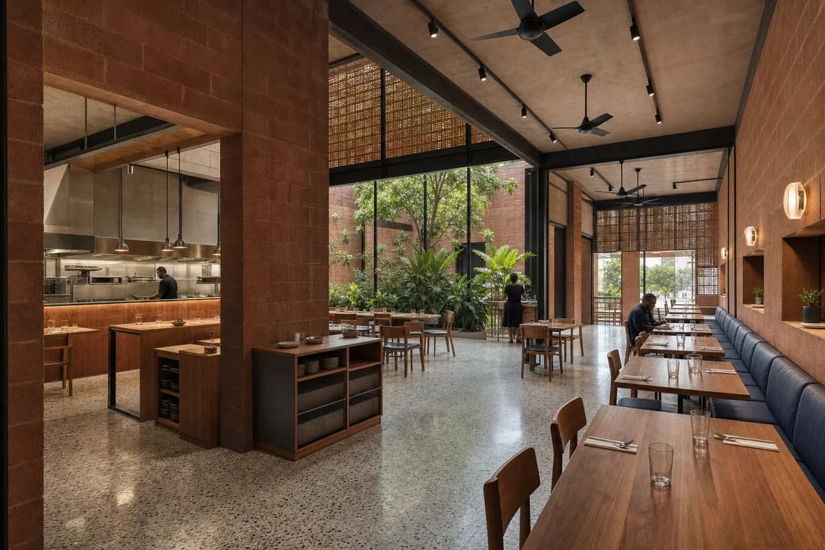 Courtyard Grain Kitchen, neighborhood restaurant organized by an L-shaped dining room wrapping a shaded service court.