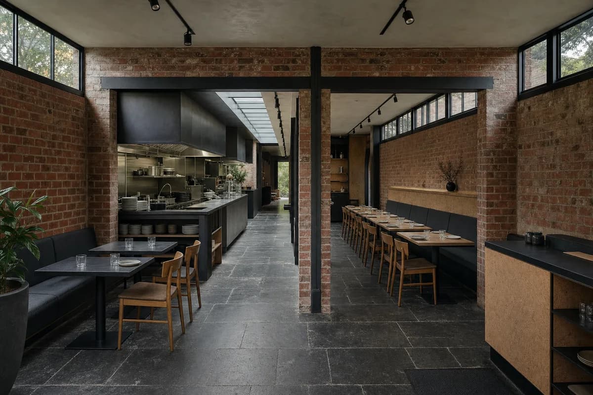 Brick-Bay Family Dining, family restaurant organized by two brick bays arranged around a visible prep kitchen and rear service passage.