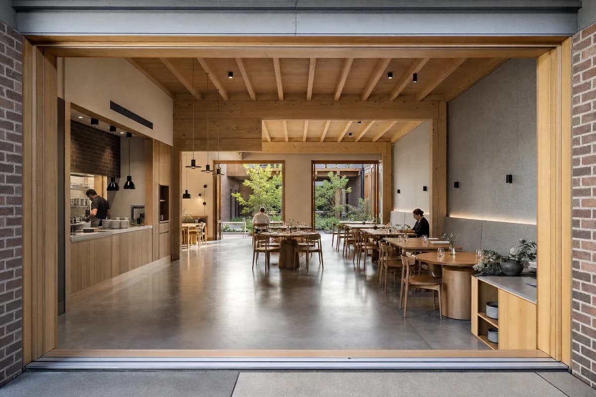Garden Bay Dining Hall, community restaurant organized by an expressed frame opening dining to two sheltered garden bays.