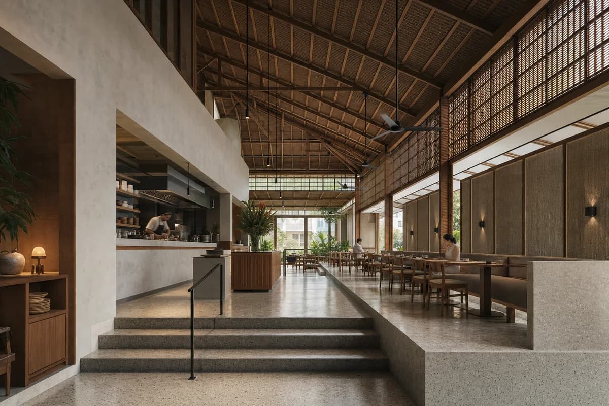 Garden Stair Dining Hall, tropical restaurant organized by a stepped room negotiating court level beneath a ventilated roof.