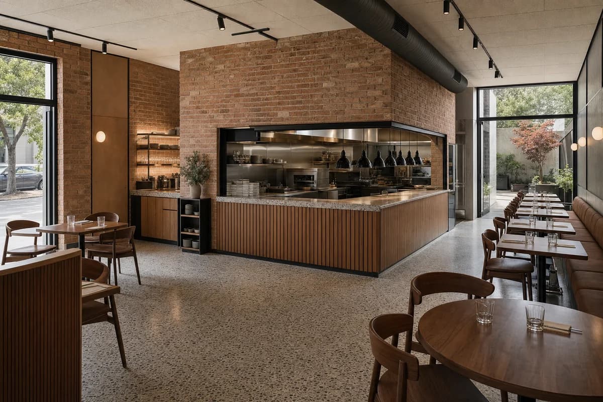 Garden-Wall Bistro, neighborhood bistro organized by a freestanding kitchen wall separating street room and rear court.