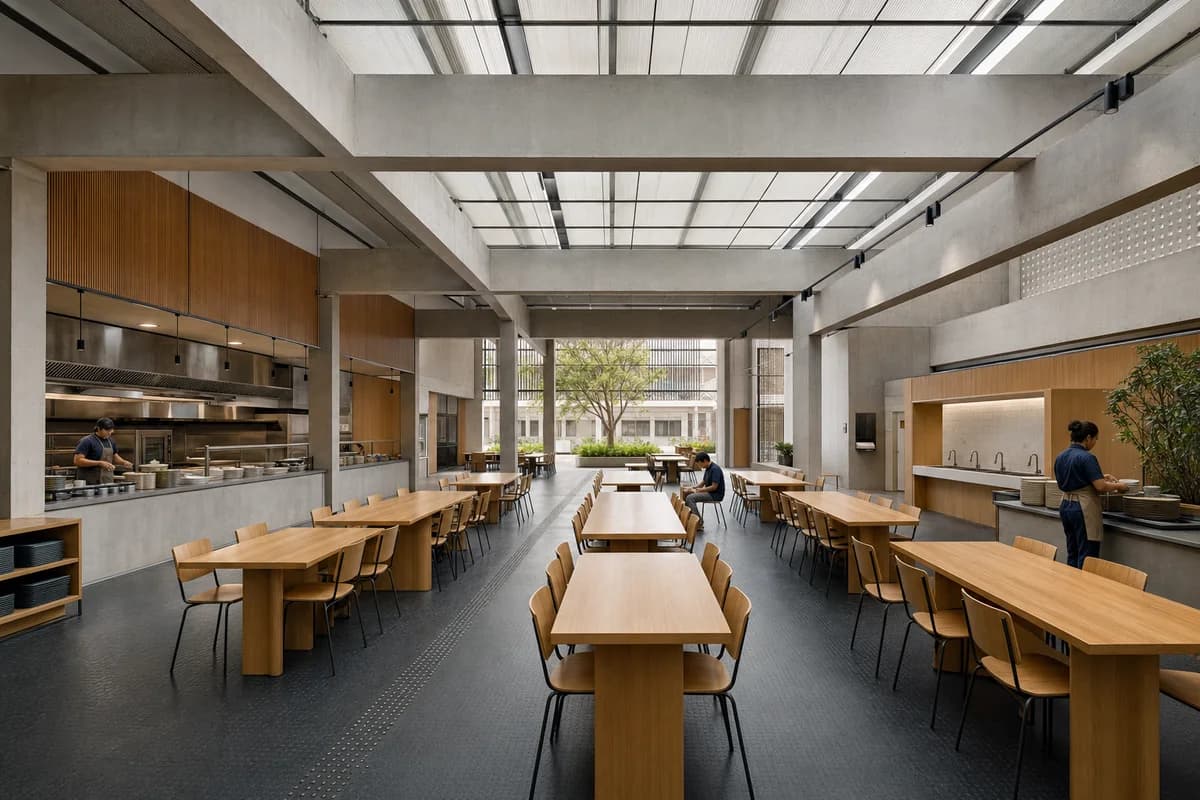 Library-Court Canteen, civic canteen organized by queue, dining, return, and courtyard routes arranged as four clear bands.