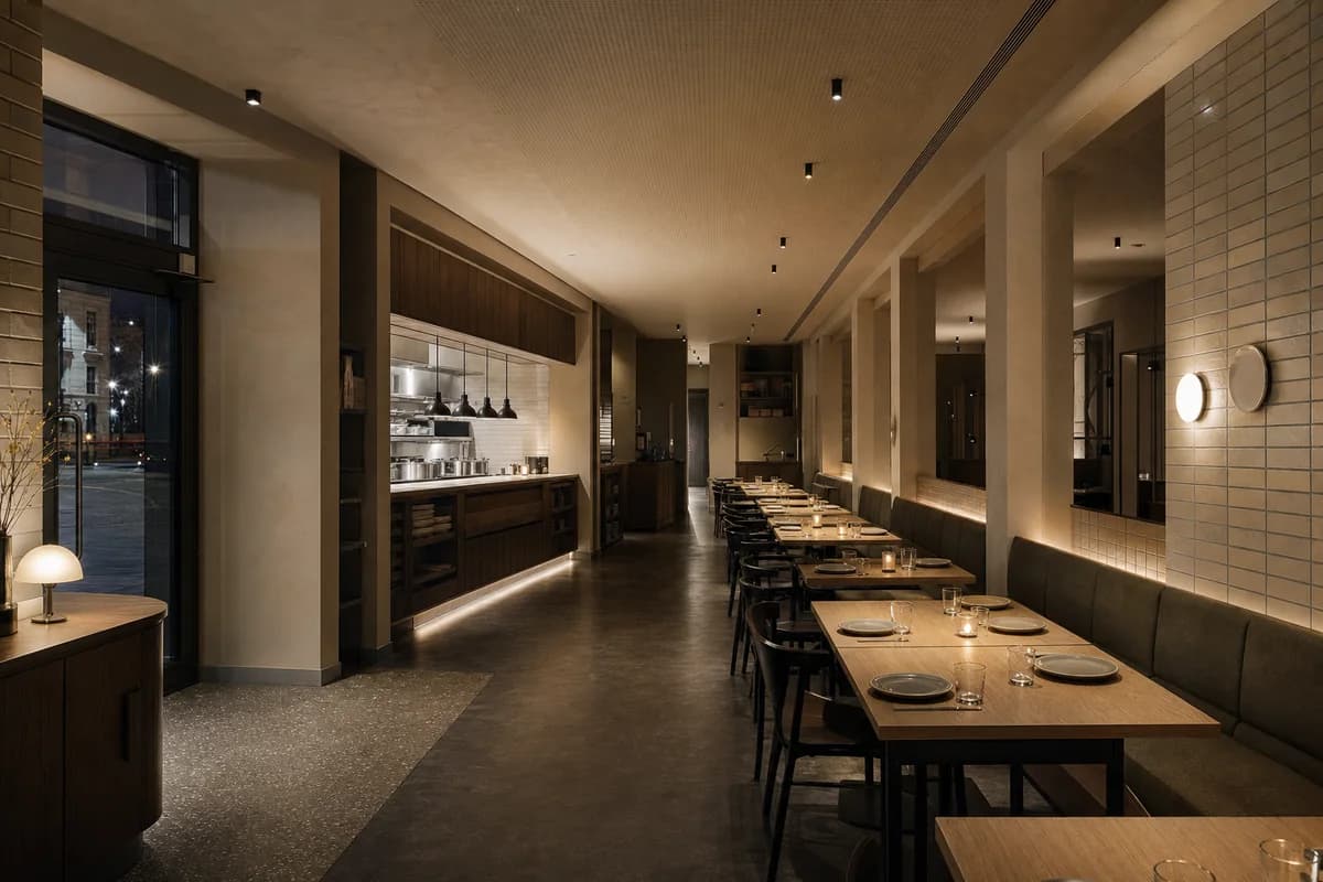 Night Service-Spine Restaurant, night restaurant organized by three shallow dining bays beside a closed kitchen and service spine.