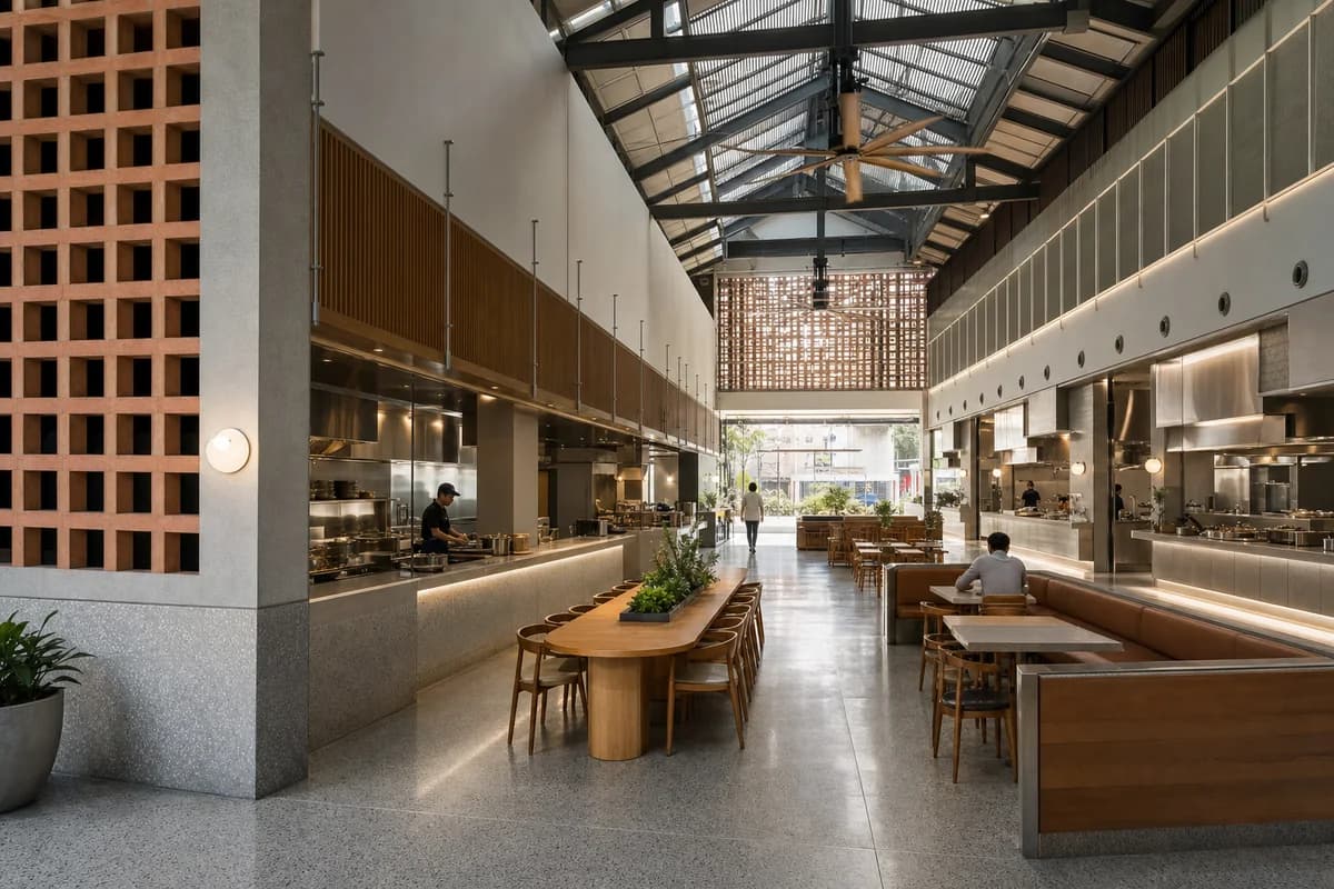 Market-Street Meal Hall, multi-counter eatery organized by compact food counters sharing one ventilated civic room.