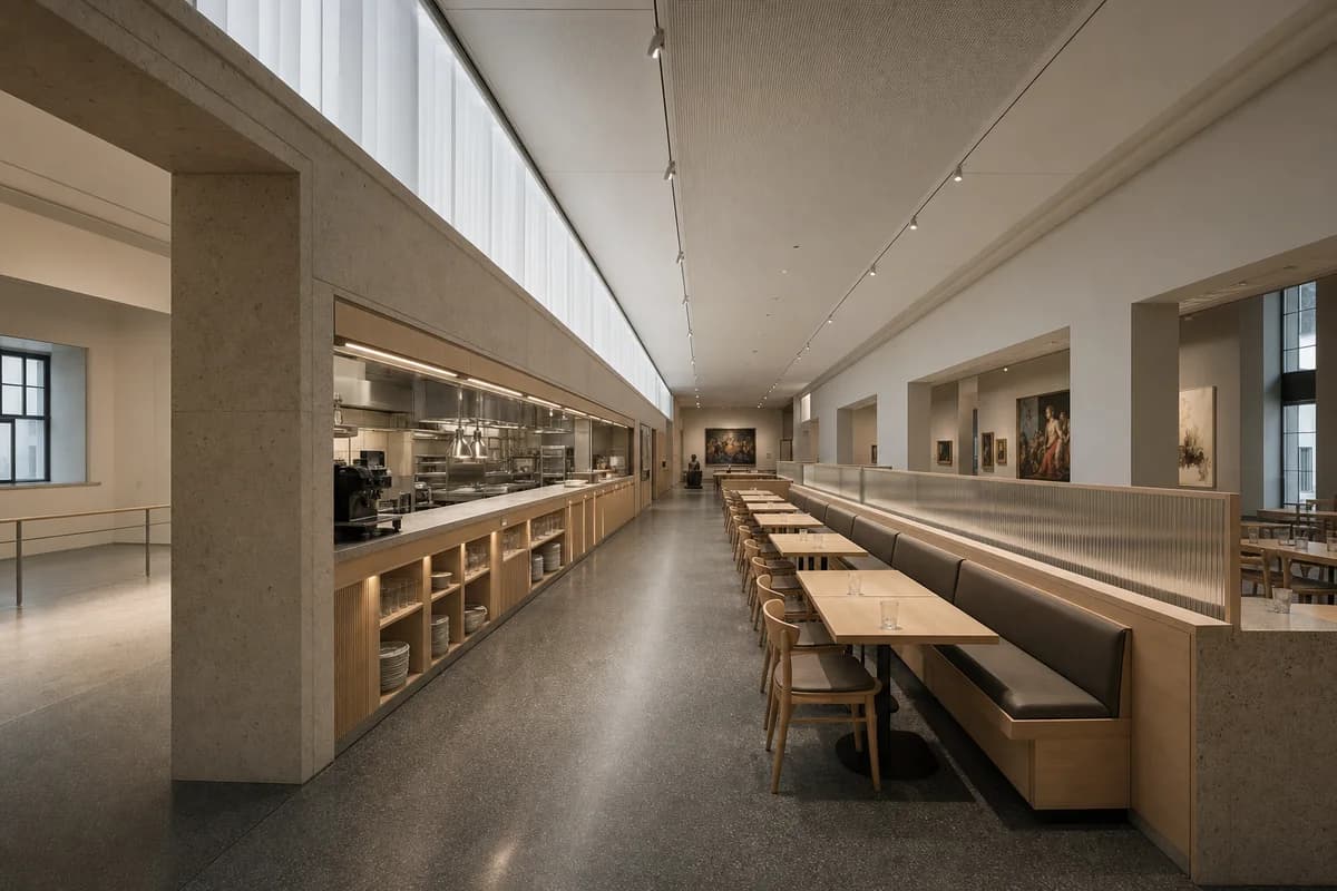 Museum Dining Slot, museum restaurant organized by a long service wall occupying a compressed zone between galleries.
