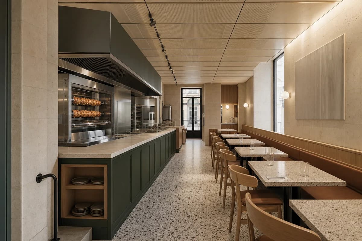 Passage Roast Room, rotisserie eatery organized by a cooking line and seating occupying opposite passage walls.