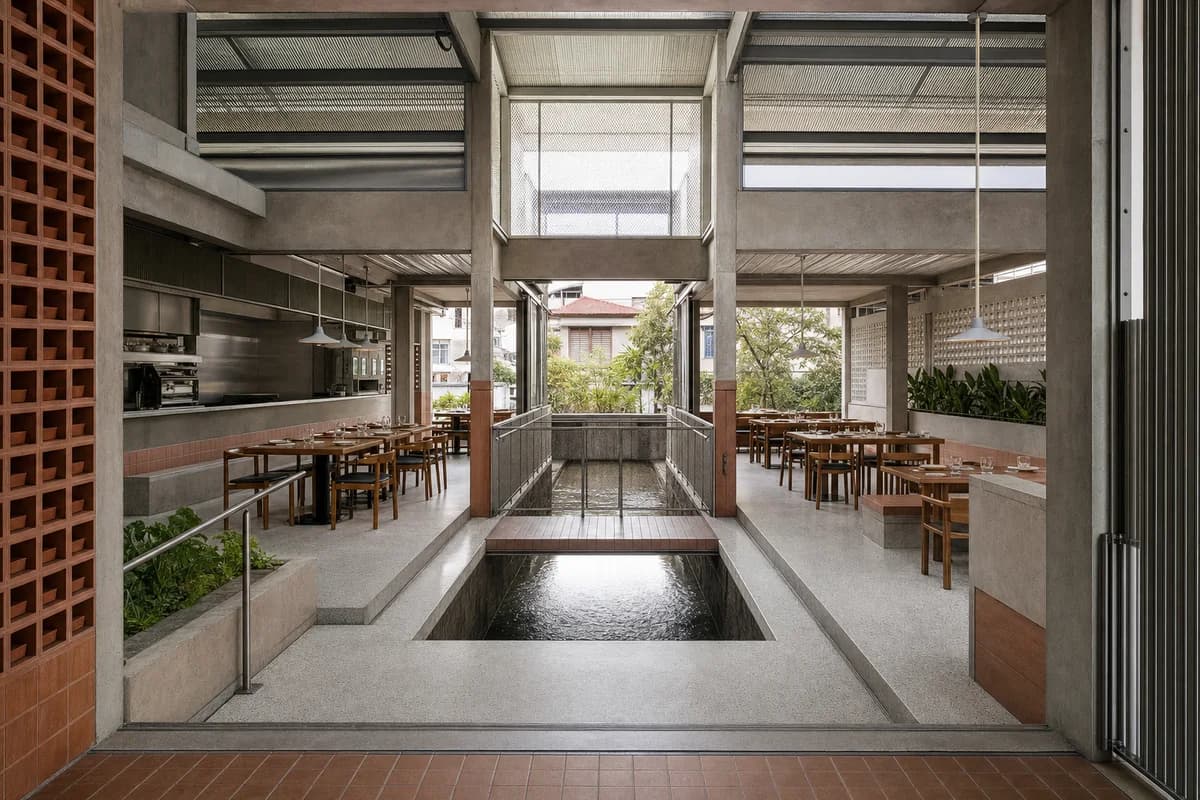 Canal Breezeway Restaurant, canal breezeway restaurant organized by two cross-ventilated pavilions linked by a narrow service bridge over a floodable court.