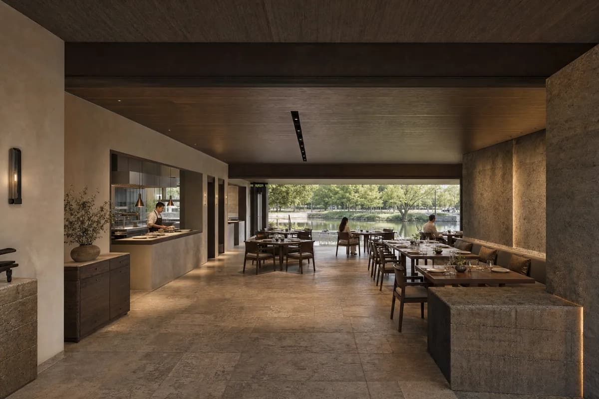 Reservoir Stone Restaurant, landscape-edge dining room organized by a low room framing controlled water views beneath a heavy roof.