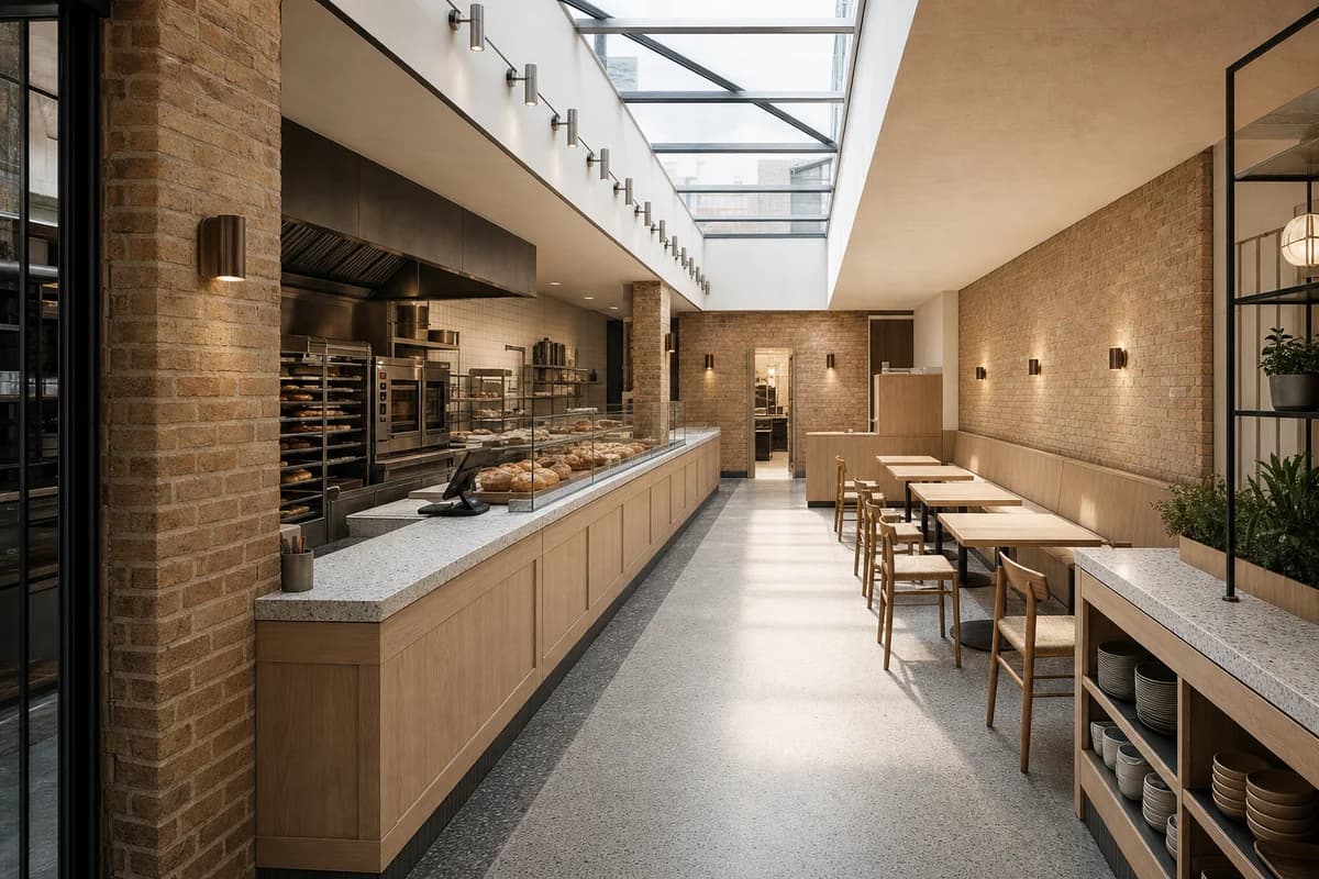 Rooflight Bread Kitchen, bakery eatery organized by a bake line and dining room separated beneath a linear rooflight.