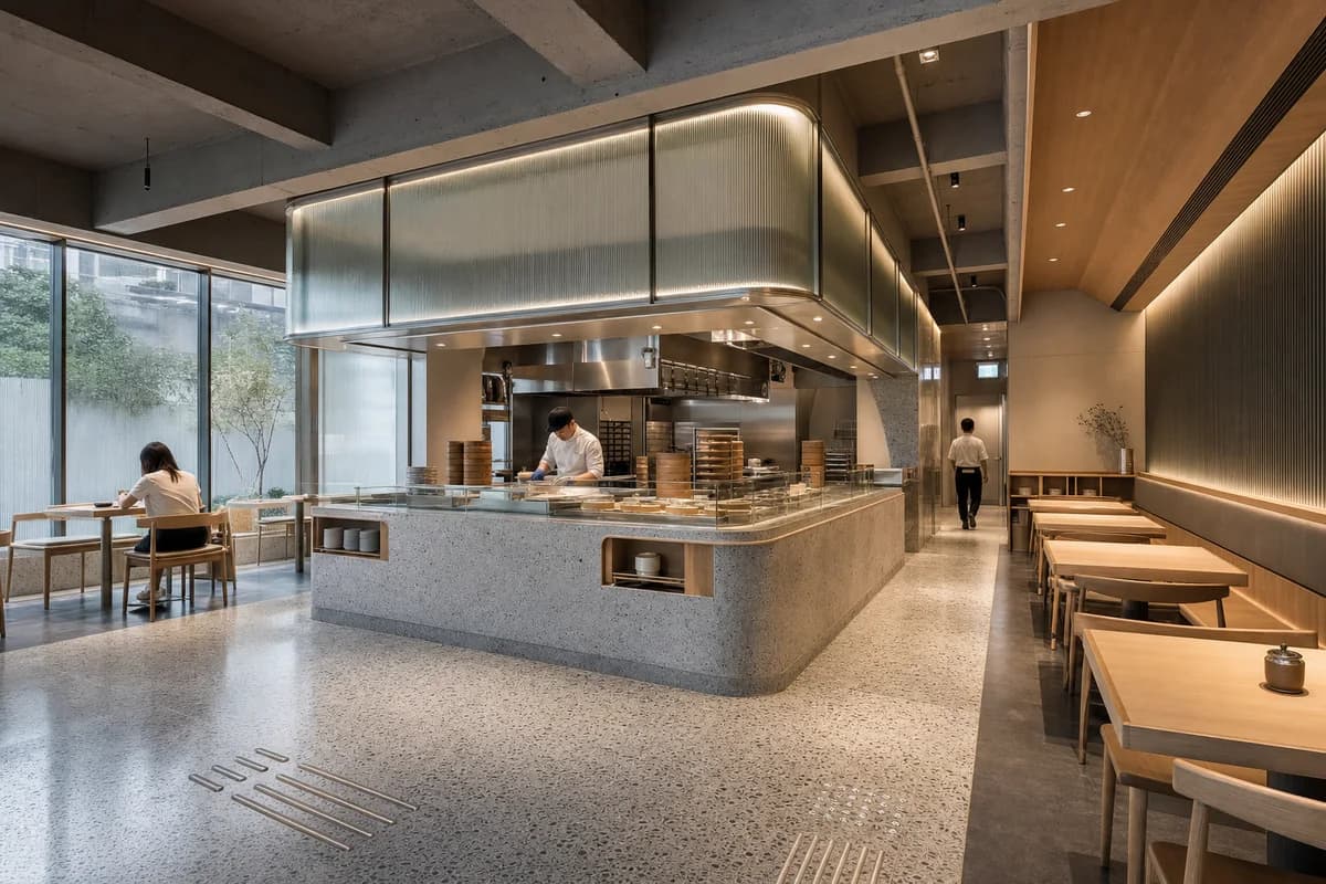 Screened Dumpling Hall, casual dumpling restaurant organized by an open preparation island anchoring a shaded perimeter route.