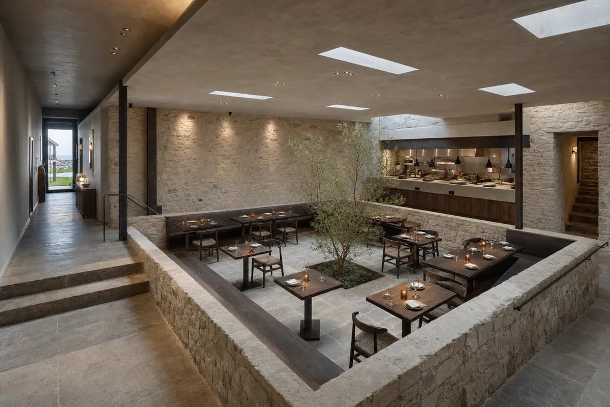 Sunken Coastal Dining Hall, coastal dining hall organized by a partially buried stone room organized around a wind court, with rooflights and a rear kitchen spine.