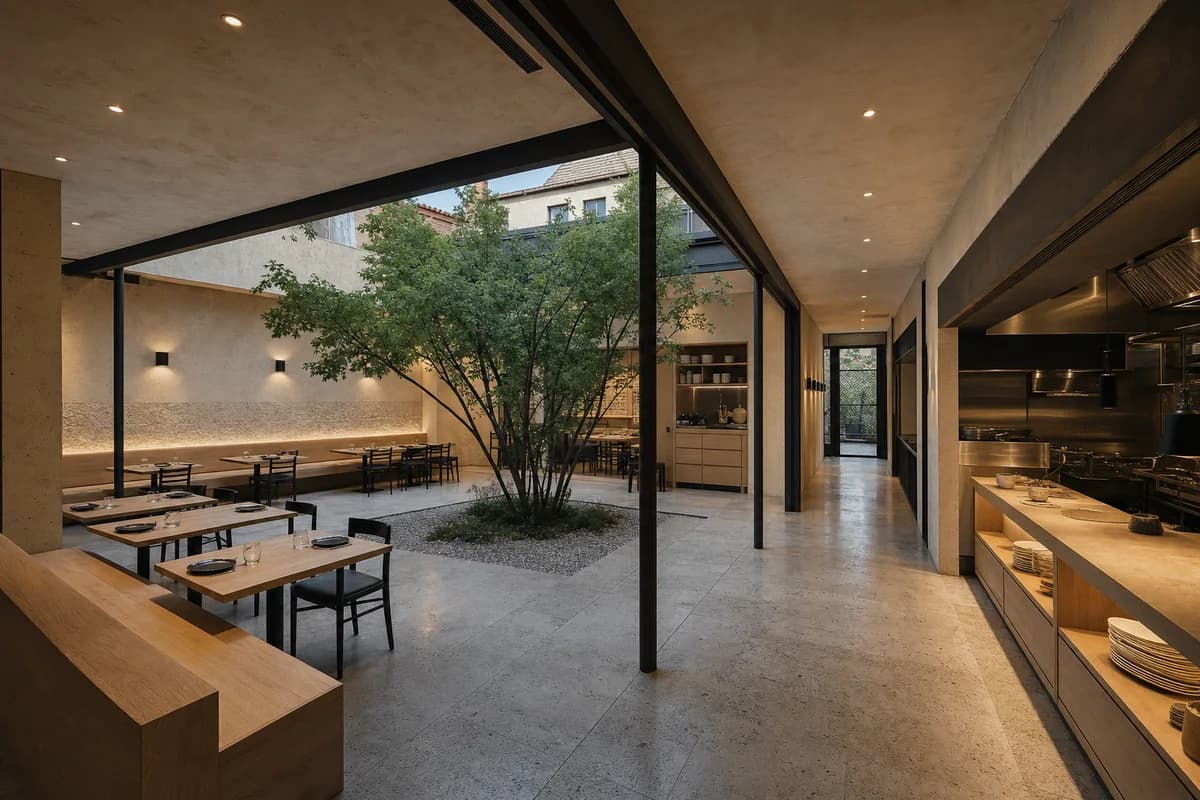 Stone Bench Supper Court, courtyard restaurant organized by a perimeter bench and compact kitchen framing a central court.
