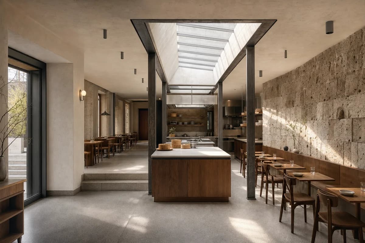 Stone-Light Dumpling House, dumpling restaurant organized by masonry walls framing a rooflit preparation table and dining room.