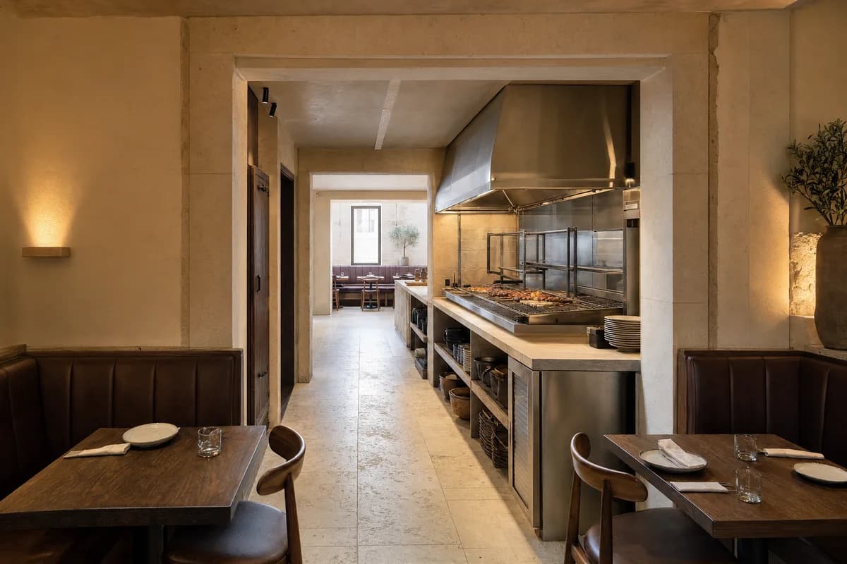 Stone Passage Grill, compact grill room organized by one deep rectangular limestone passage containing an open charcoal grill, stainless extraction hood, plating pass, and service door between two compact dining rooms while preserving a separate clear egress route.