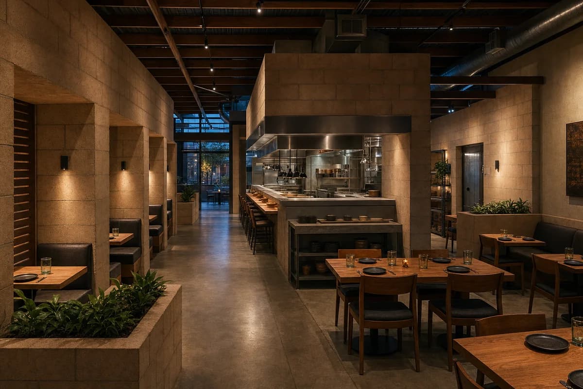 Thermal-Wall Supper Club, evening eatery organized by masonry seating niches surrounding a shaded central service core.