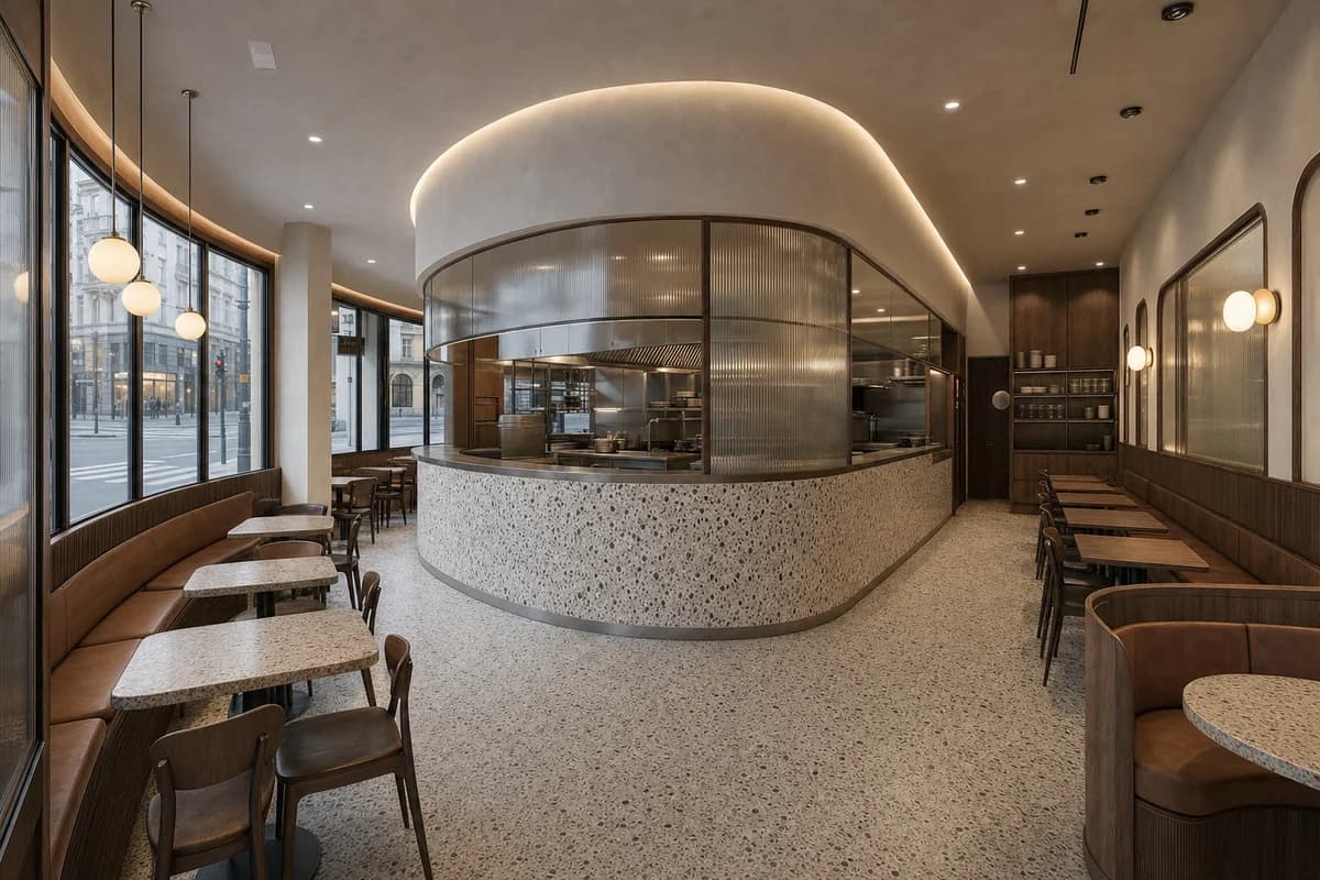 Tram-Corner Dining Room, quick-service restaurant organized by a curved kitchen pass resolving two street frontages.