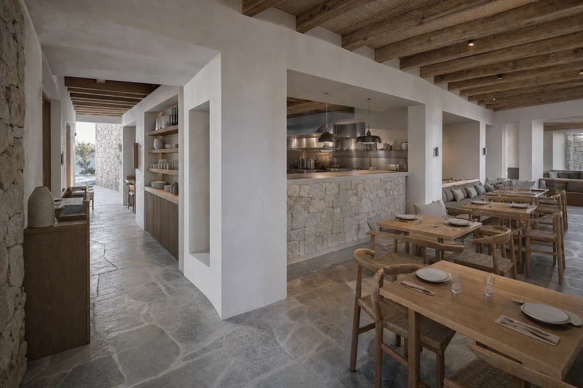 Wind-Court Fish Room, coastal restaurant organized by thick walls and offset openings sheltering dining from wind.