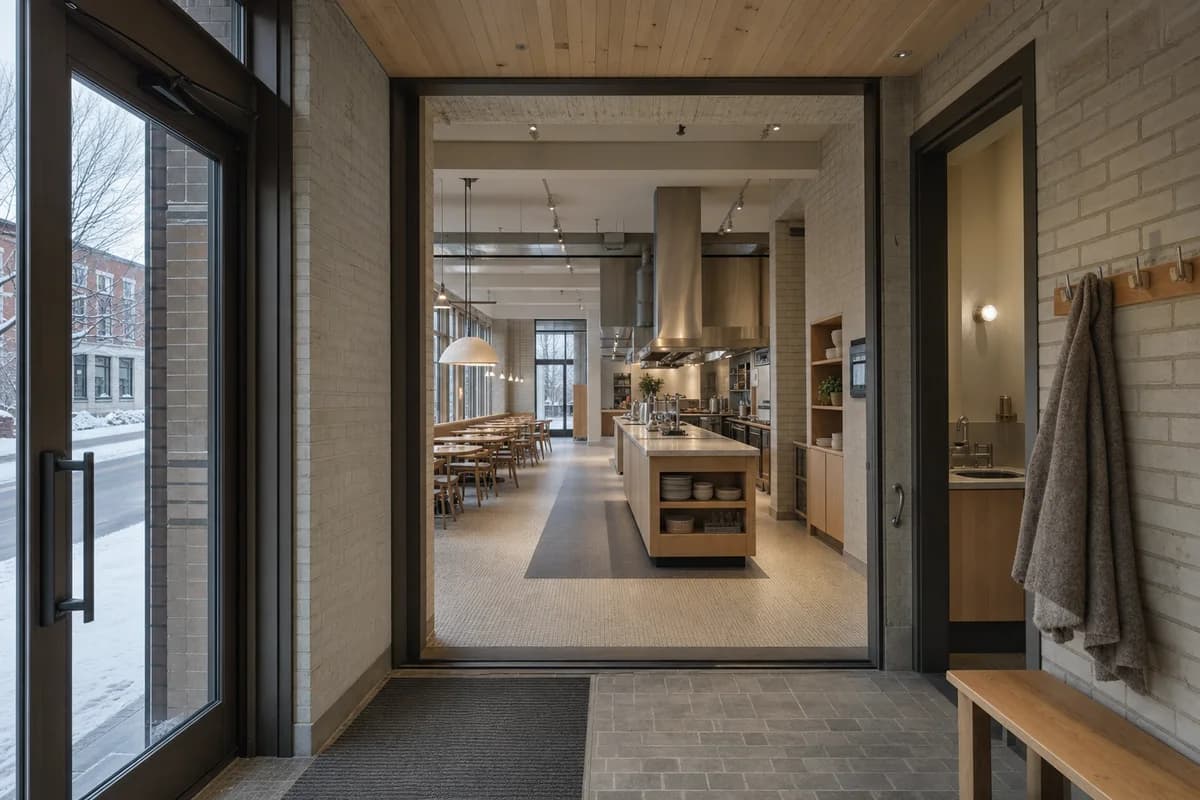 Winter Broth Hall, cold-climate eatery organized by a protected vestibule leading to a communal room around a service island.