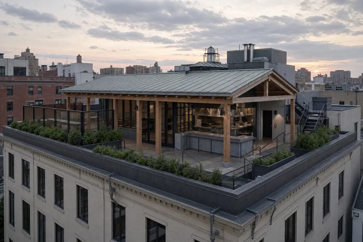 Timber rooftop restaurant under a fading clouded sunset.