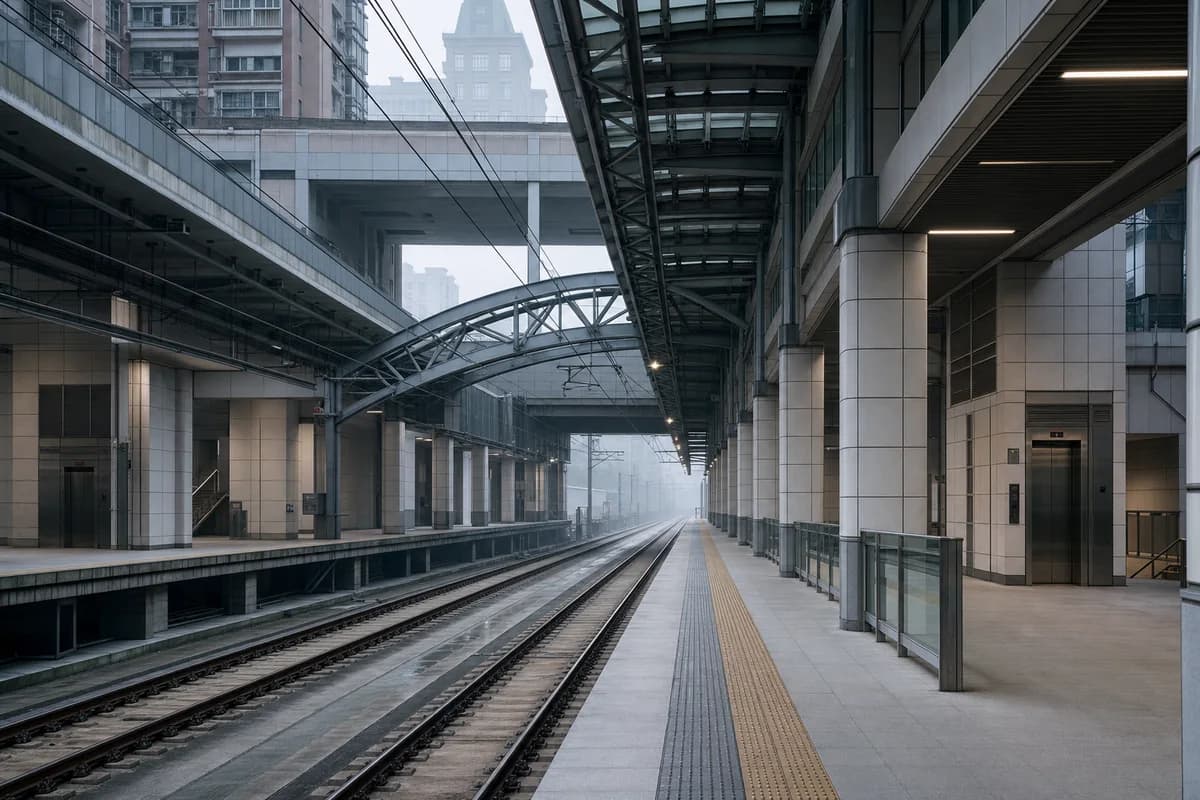 Daylit rail platform beneath established metropolitan blocks.