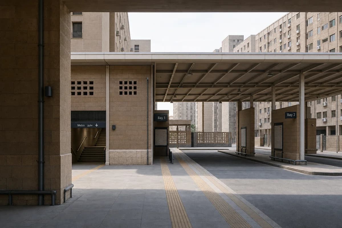 Unoccupied shaded earth-lined bus and metro court within dense city blocks.