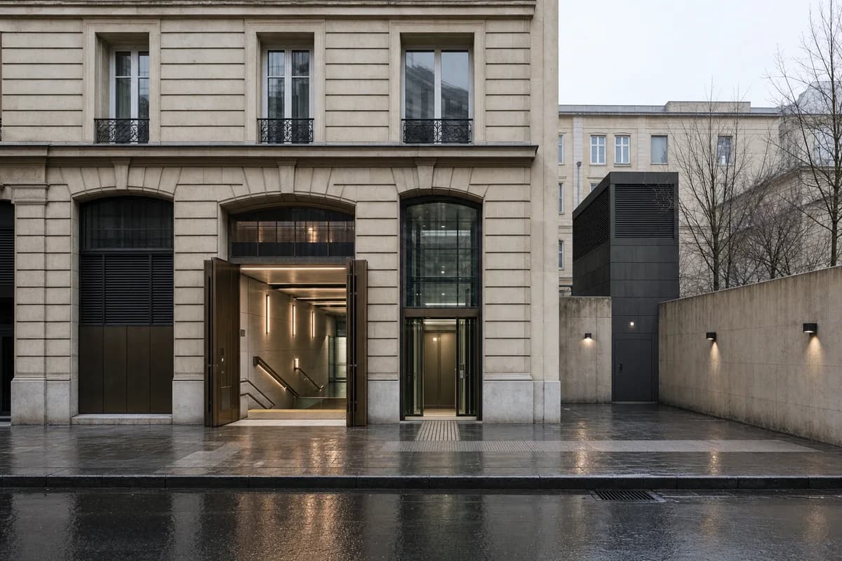 Bronze and stone metro entrance inserted into a rainy masonry block.