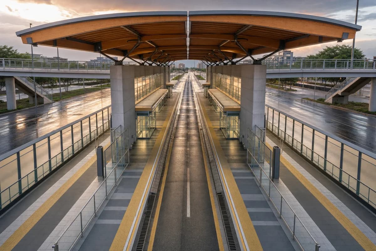 Timber and steel bus interchange in a wet avenue median.