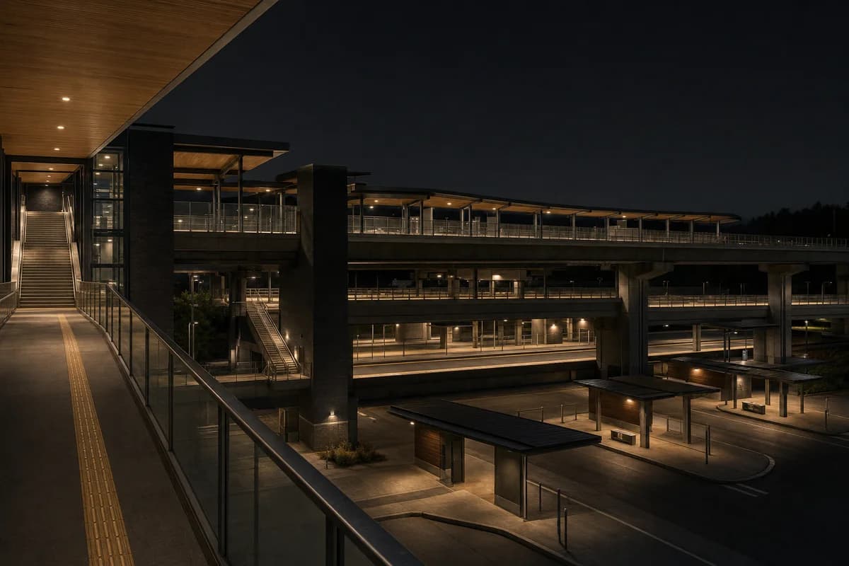 Unoccupied multilevel city station under restrained practical night lighting.