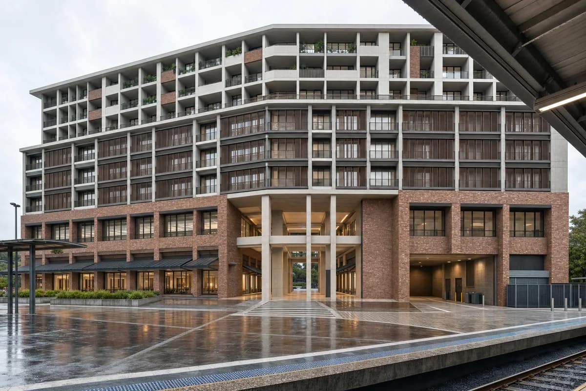 Recycled-brick mixed-use block facing a rainy urban rail station.