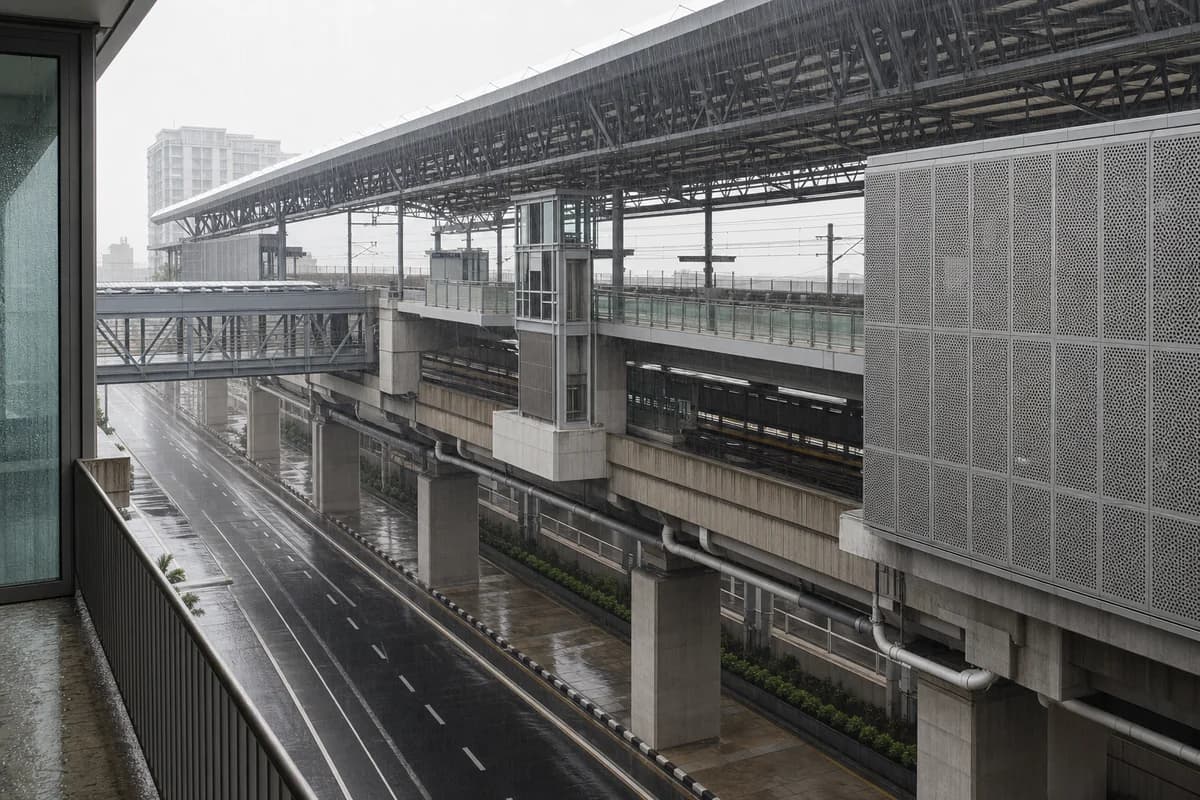 Steel elevated metro station spanning an avenue in heavy rain.