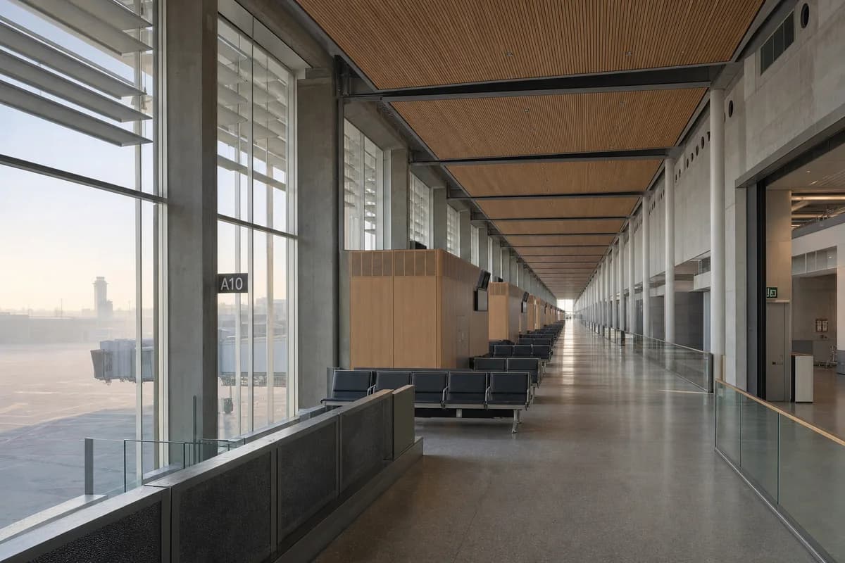 Retained concrete airport pier renewed with timber ceiling cassettes.