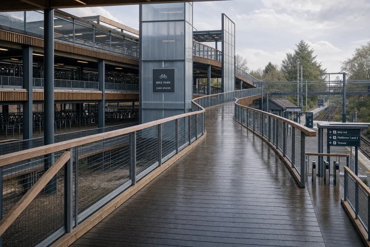 Timber-ramp bike-and-ride hub with modular cycle storage after rain.