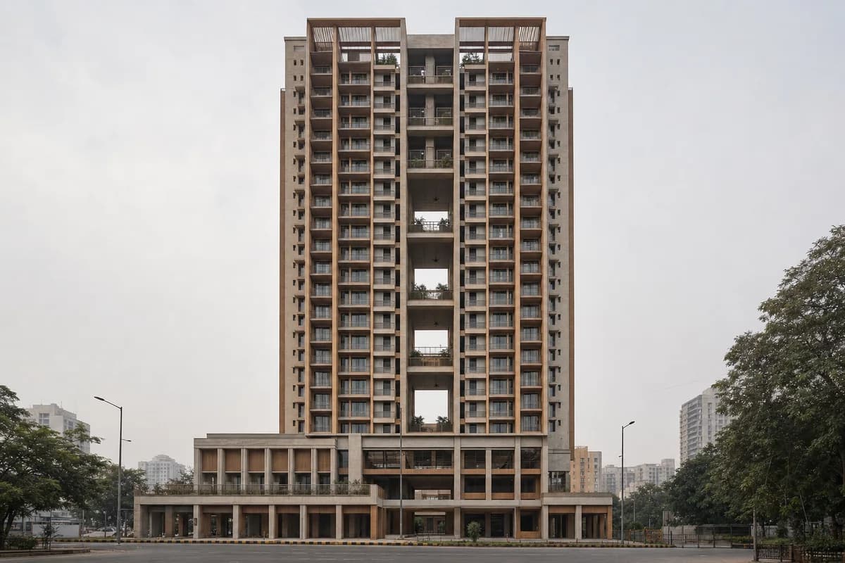 Ceramic-shaded residential tower with open heat-refuge sky courts.