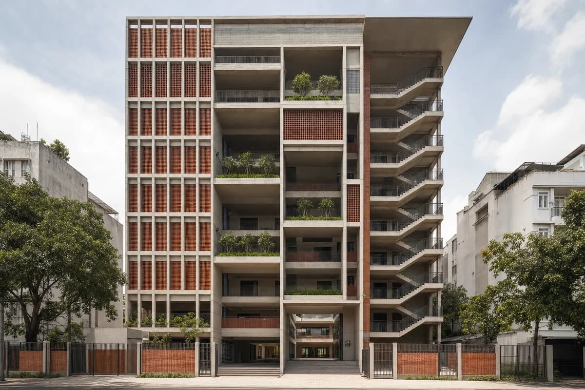Terracotta-screened vertical school rising from a dense Ho Chi Minh City block.