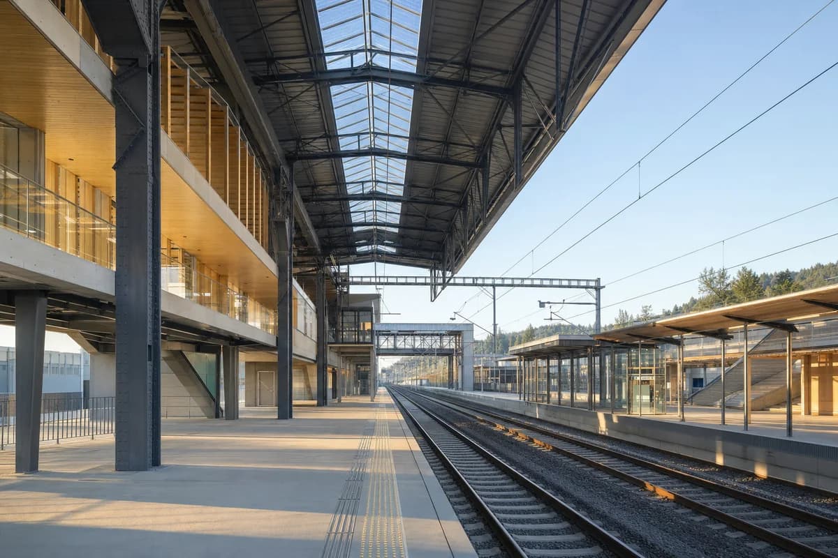 Retained steel train shed extended by timber intercity public halls.