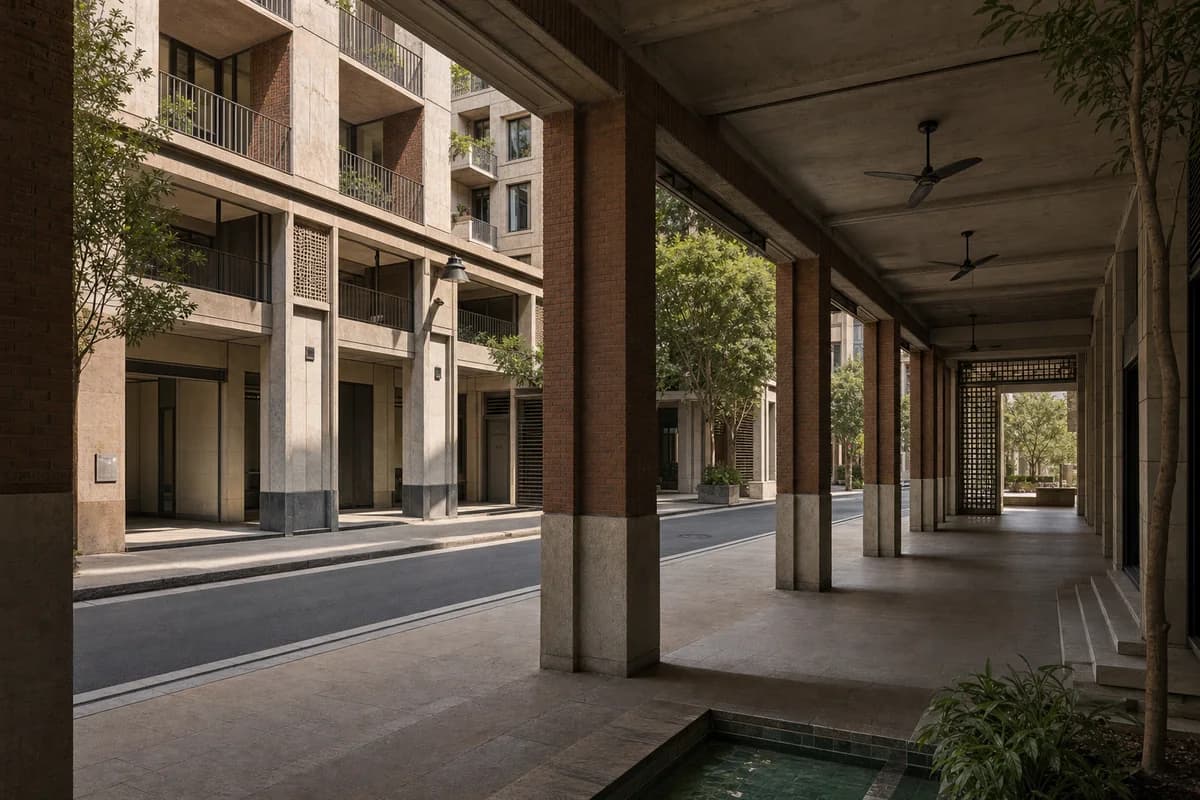 Deep brick cooling arcade beneath a mixed-use urban block.