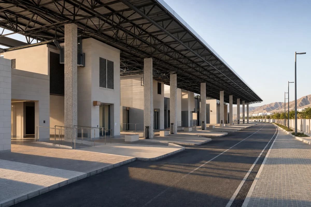 Long shaded intercity coach terminal at the edge of Muscat.